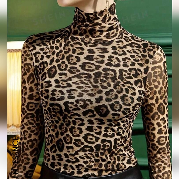 SHEIN Tops - Women's Leopard Print Semi-Sheer Turtleneck Top Large